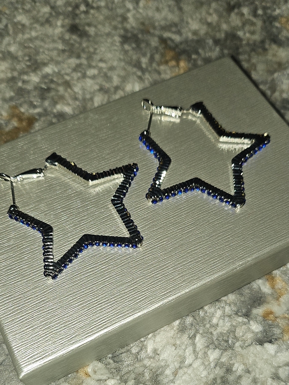 Silver Star Hoop Earrings Blue Rhinestone NWT